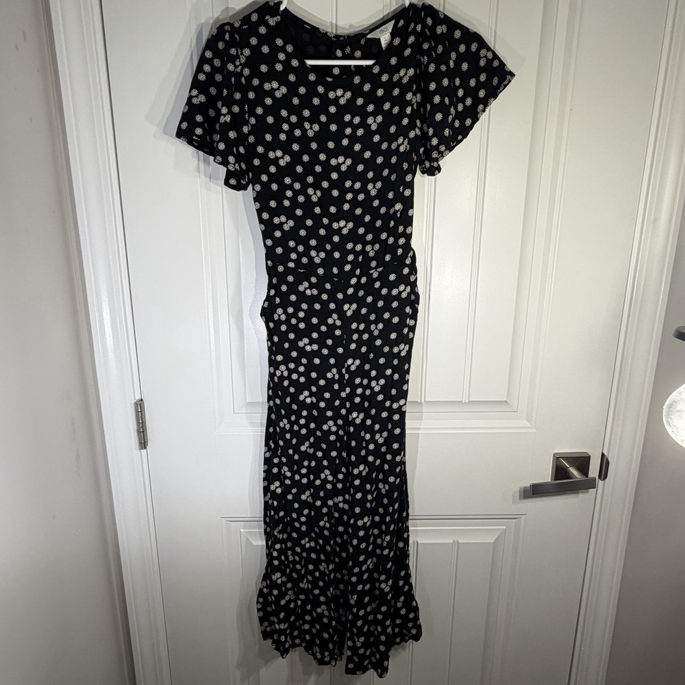 1901 Black Daisy Print Jumpsuit Flutter Sleeve Tie Back Cottagecore Jr Sz 10/12‎